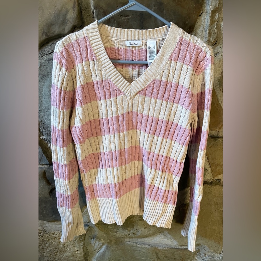 Liz & Co Women's Size Extra Large Pink/Cream Stripe Knit Sweater, V-Neck